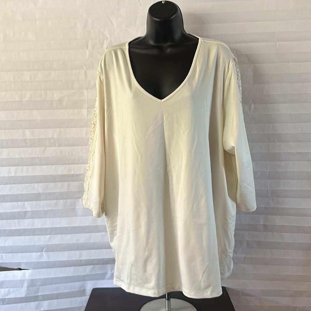 Susan Graver V-Neck Blouse 3XL – Eggshell Color, 3/4 Sleeve, Plus Size Style
